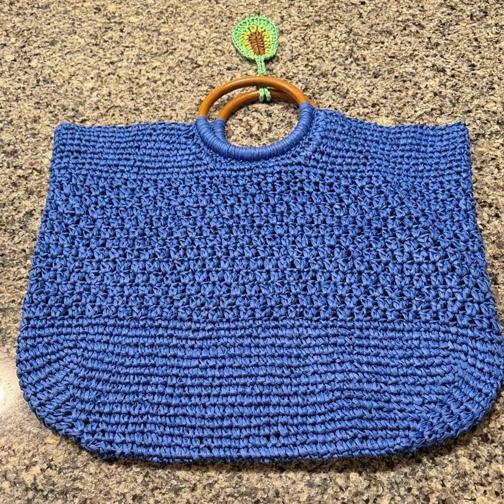 Blue straw Tote Bag with Wooden Handles